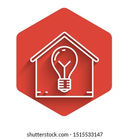 White line Smart house and light bulb icon isolated with long shadow. Red hexagon button. Vector Illustration
