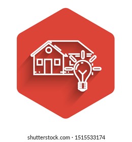 White line Smart house and light bulb icon isolated with long shadow. Red hexagon button. Vector Illustration