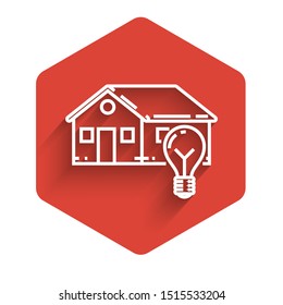 White line Smart house and light bulb icon isolated with long shadow. Red hexagon button. Vector Illustration
