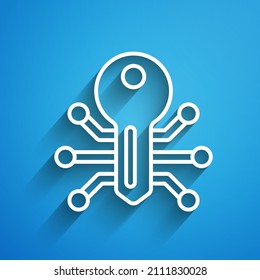 White line Smart key icon isolated on blue background. Long shadow. Vector