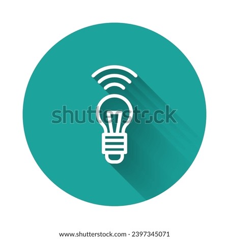 White line Smart light bulb system icon isolated with long shadow. Energy and idea symbol. Internet of things concept with wireless connection. Green circle button. Vector