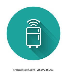 White line Smart refrigerator icon isolated with long shadow. Fridge freezer refrigerator. Internet of things concept with wireless connection. Green circle button. Vector
