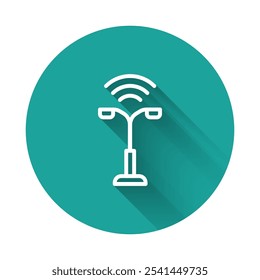 White line Smart street light system icon isolated with long shadow. Internet of things concept with wireless connection. Green circle button. Vector