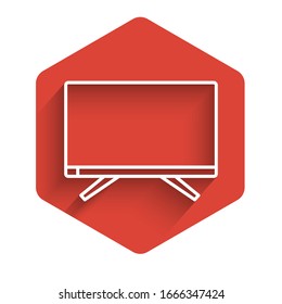 White line Smart Tv icon isolated with long shadow. Television sign. Red hexagon button. Vector Illustration