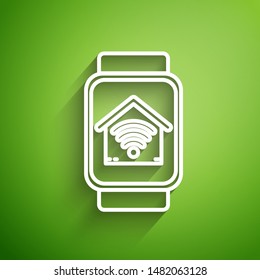 White line Smart watch with smart home with wi-fi icon isolated on green background. Remote control.  Vector Illustration