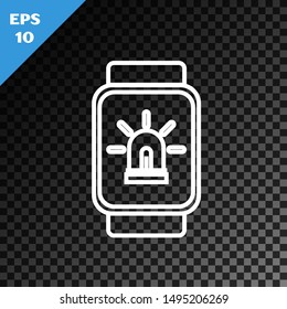 White line Smart watch with smart house and alarm icon isolated on transparent dark background. Security system of smart home.  Vector Illustration
