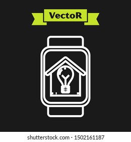 White line Smart watch with smart house and light bulb icon isolated on black background.  Vector Illustration
