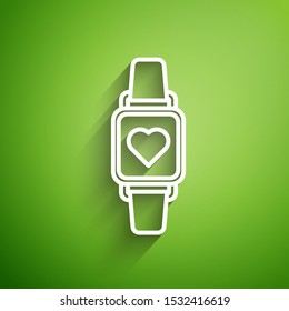 White line Smart watch showing heart beat rate icon isolated on green background. Fitness App concept.  Vector Illustration