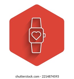 White line Smart watch showing heart beat rate icon isolated with long shadow. Fitness App concept. Red hexagon button. Vector