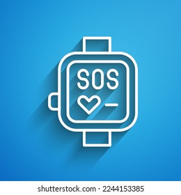 White line Smart watch showing heart beat rate icon isolated on blue background. Fitness App concept. Long shadow. Vector
