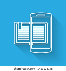 White line Smartphone and book icon isolated with long shadow. Online learning or e-learning concept.  Vector Illustration