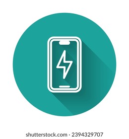 White line Smartphone charging battery icon isolated with long shadow background. Phone with a low battery charge. Green circle button. Vector