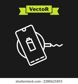 White line Smartphone charging on wireless charger icon isolated on black background. Charging battery on charging pad.  Vector Illustration