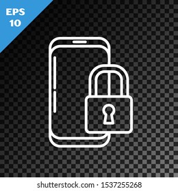 White line Smartphone with closed padlock icon isolated on transparent dark background. Phone with lock. Mobile security, safety, protection concept.  Vector Illustration