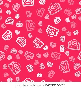 Línea blanca Smartphone con icono de candado cerrado aislado patrón sin fisuras sobre fondo rojo. Teléfono con cerradura. Seguridad móvil, concepto de seguridad, protección.  Vector