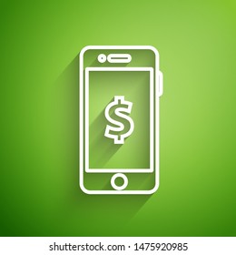White line Smartphone with dollar symbol icon isolated on green background. Online shopping concept. Financial mobile phone icon. Online payment.  Vector Illustration
