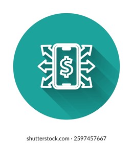 White line Smartphone with dollar symbol icon isolated with long shadow background. Online shopping concept. Financial mobile phone icon. Online payment. Green circle button. Vector