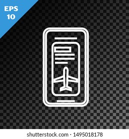 White line Smartphone with electronic boarding pass airline ticket icon isolated on transparent dark background. Passenger plane mobile ticket for web and app.  Vector Illustration