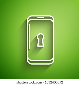 White line Smartphone with lock icon isolated on green background. Phone with lock. Mobile security safety protection concept.  Vector Illustration