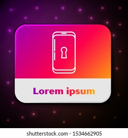 White line Smartphone with lock icon isolated on black background. Phone with lock. Mobile security, safety, protection concept. Rectangle color button. Vector Illustration