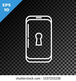 White line Smartphone with lock icon isolated on transparent dark background. Phone with lock. Mobile security, safety, protection concept.  Vector Illustration