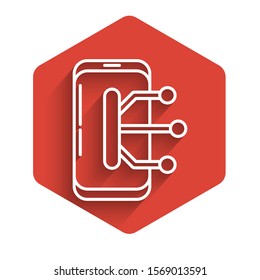 White line Smartphone, mobile phone icon isolated with long shadow. Red hexagon button. Vector Illustration
