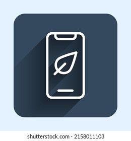 White line Smartphone, mobile phone with leaf icon isolated with long shadow background. Blue square button. Vector