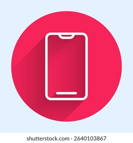 White line Smartphone, mobile phone icon isolated with long shadow. Red circle button. Vector Illustration