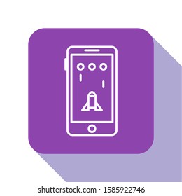 White line Smartphone and playing in game icon isolated on white background. Mobile gaming concept. Purple square button. Vector Illustration