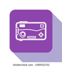 White line Smartphone and playing in game icon isolated on white background. Mobile gaming concept. Purple square button. Vector Illustration