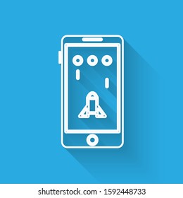 White line Smartphone and playing in game icon isolated with long shadow. Mobile gaming concept.  Vector Illustration