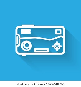 White line Smartphone and playing in game icon isolated with long shadow. Mobile gaming concept.  Vector Illustration
