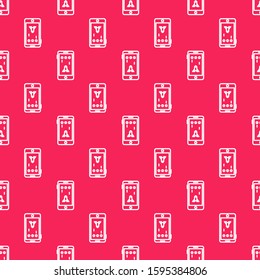 White line Smartphone and playing in game icon isolated seamless pattern on red background. Mobile gaming concept.  Vector Illustration