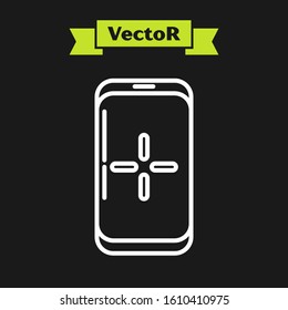 White line Smartphone and playing in game icon isolated on black background. Mobile gaming concept.  Vector Illustration