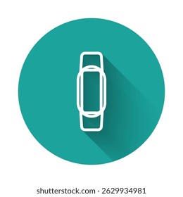 White line Smartwatch icon isolated with long shadow. Green circle button. Vector