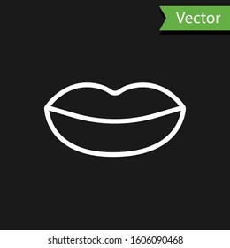 White line Smiling lips icon isolated on black background. Smile symbol.  Vector Illustration