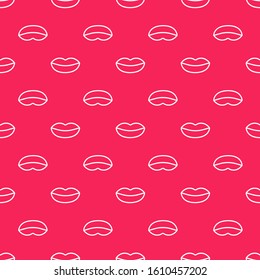 White line Smiling lips icon isolated seamless pattern on red background. Smile symbol.  Vector Illustration