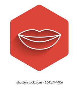 White line Smiling lips icon isolated with long shadow. Smile symbol. Red hexagon button. Vector Illustration