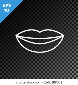 White line Smiling lips icon isolated on transparent dark background. Smile symbol.  Vector Illustration