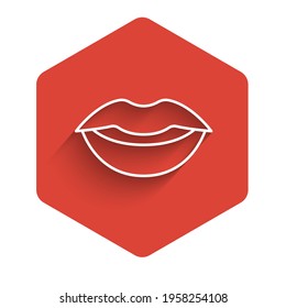 White line Smiling lips icon isolated with long shadow. Smile symbol. Red hexagon button. Vector