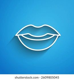 White line Smiling lips icon isolated on blue background. Smile symbol. Long shadow. Vector