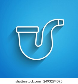 White line Smoking pipe with smoke icon isolated on blue background. Tobacco pipe. Long shadow. Vector