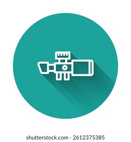 White line Sniper optical sight icon isolated with long shadow. Sniper scope crosshairs. Green circle button. Vector