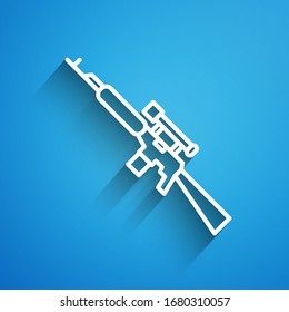 White line Sniper rifle with scope icon isolated on blue background. Long shadow. Vector Illustration