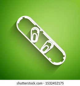 White line Snowboard icon isolated on green background. Snowboarding board icon. Extreme sport. Sport equipment.  Vector Illustration