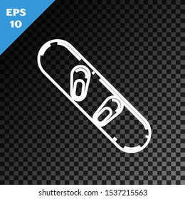 White line Snowboard icon isolated on transparent dark background. Snowboarding board icon. Extreme sport. Sport equipment.  Vector Illustration