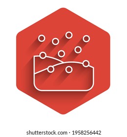 White line Snowfall icon isolated with long shadow. Snow falling winter snowflakes christmas new year. Merry Christmas and Happy New Year. Red hexagon button. Vector