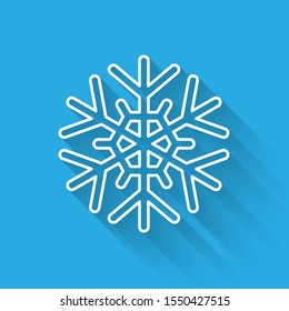 White line Snowflake icon isolated with long shadow.  Vector Illustration