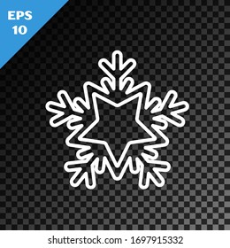 White line Snowflake icon isolated on transparent dark background. Merry Christmas and Happy New Year.  Vector Illustration