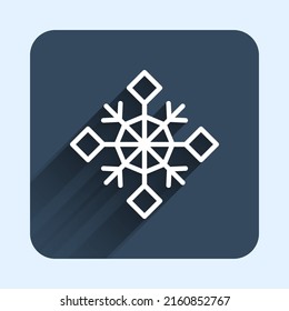 White line Snowflake icon isolated with long shadow background. Merry Christmas and Happy New Year. Blue square button. Vector